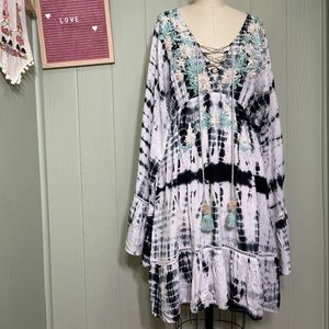 Unique boho tie dye embroidered beaded beach dress